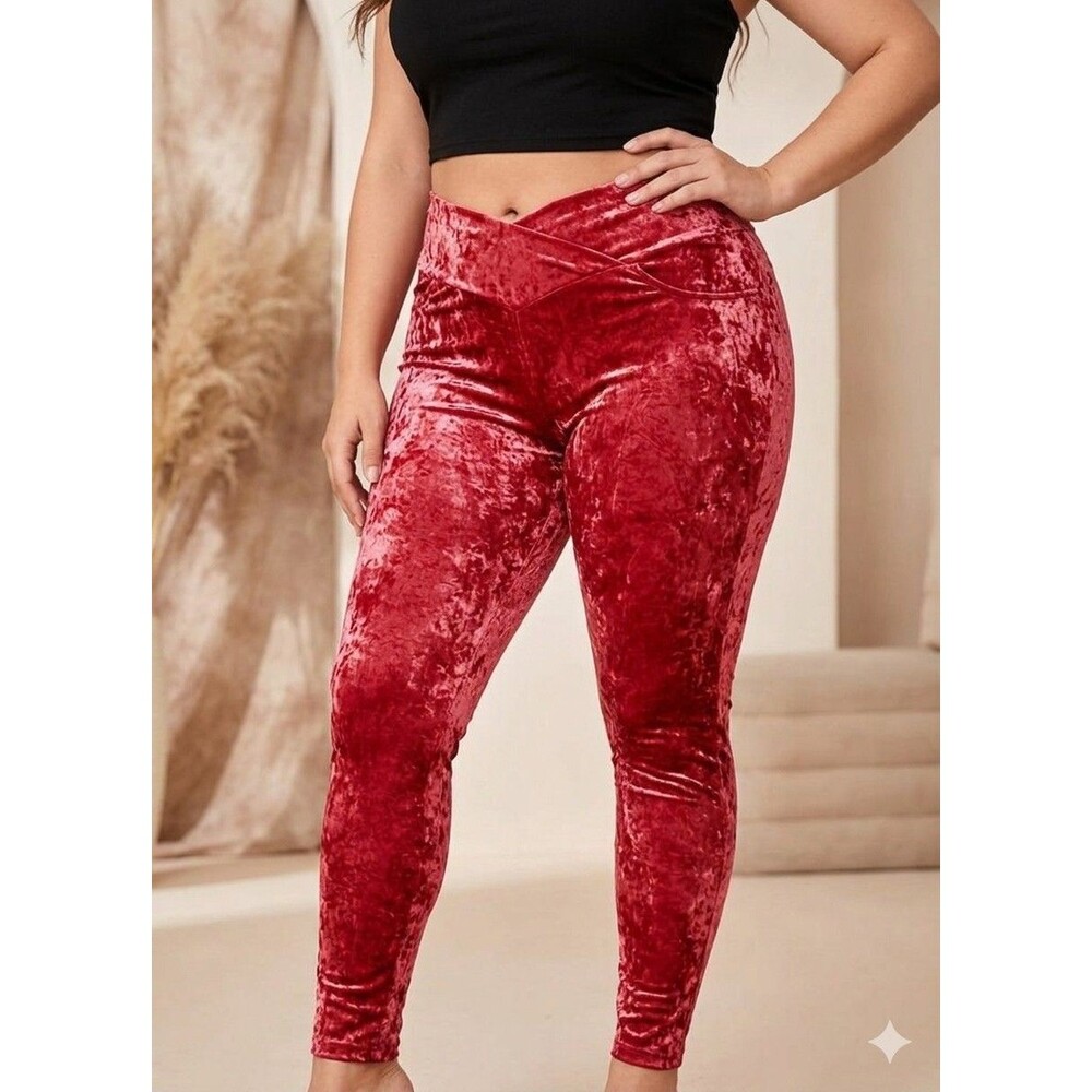 Fabletics Red Crushed Velvet Leggings XXL Plus Size High Waisted V-Front Pants